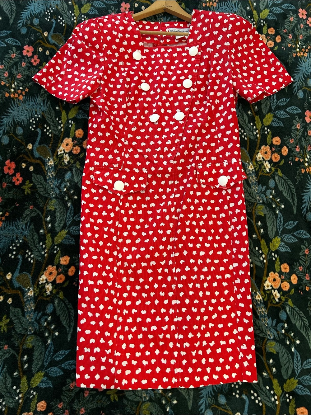 Vintage Rhodes Collection Red & White Dress w Large Buttons, Pockets!
